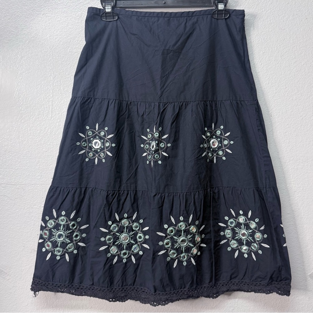 Ann Taylor LOFT Embroidered Midi A-line Skirt Navy Boho Cottagecore Cotton